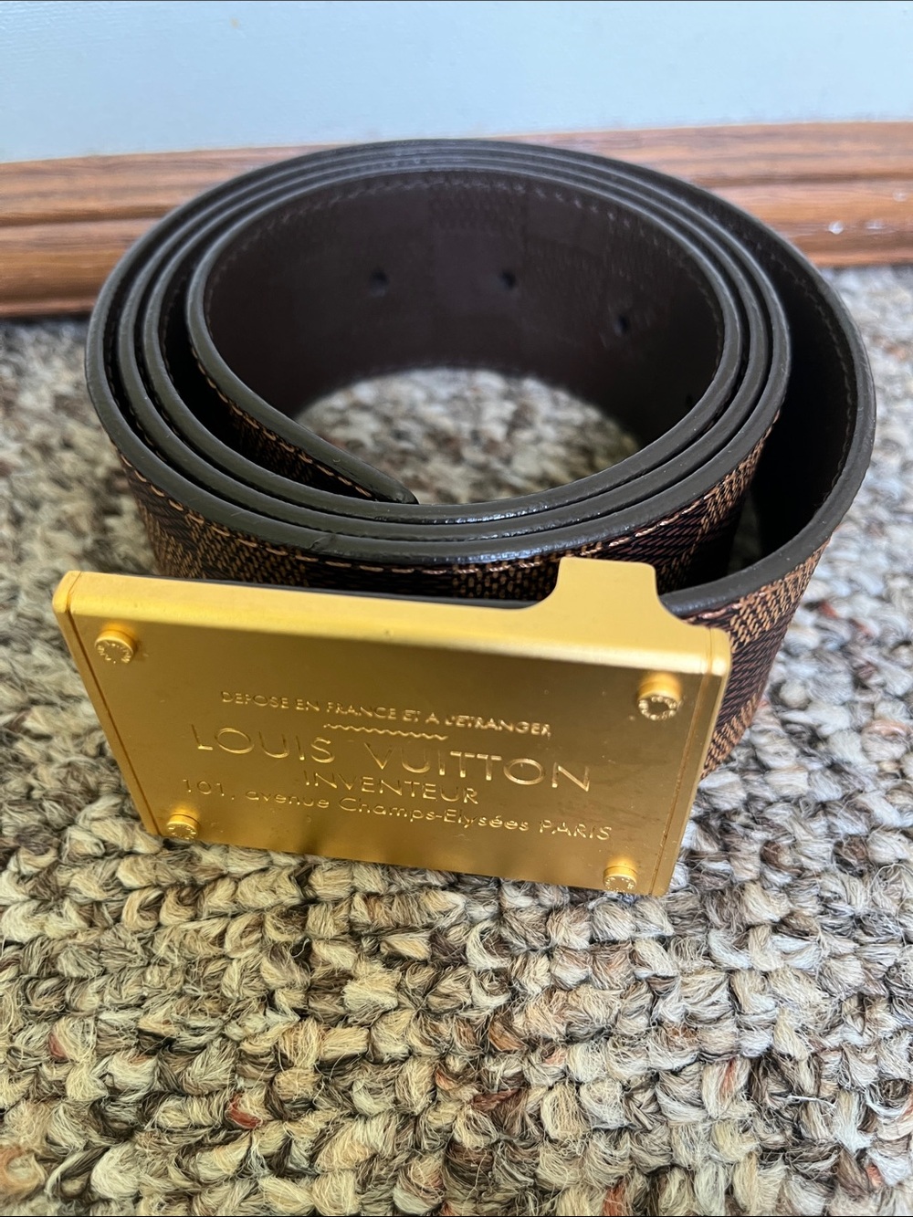 Louis Vuitton Brown Checkered Canvas Men's Belt with Gold Plaque Buckle